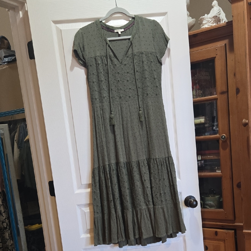 Olive Green Cotton Gauze Women's Midi Dress